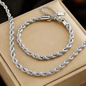 Silver Rope Chain Necklace and Bracelet Set
